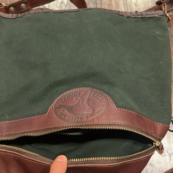 VTG made in USA Canvas Back shoulder bag green canvas brown leather trim EUC - Picture 6 of 16